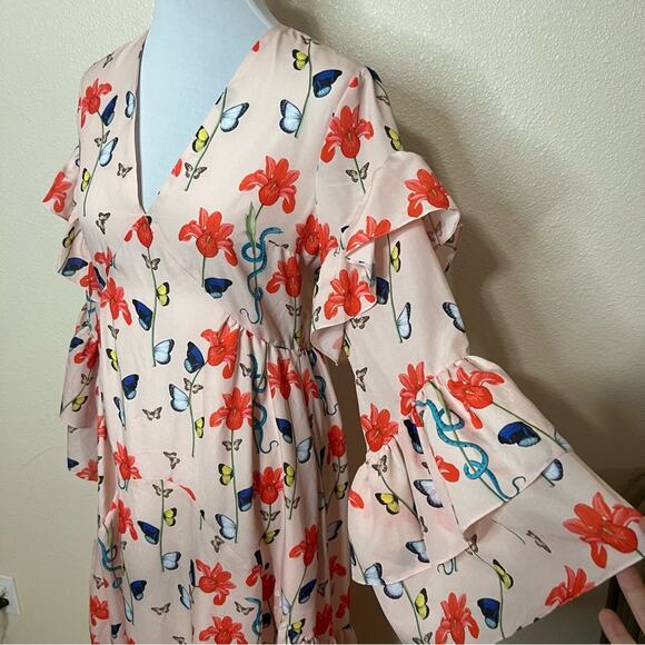 Borgo De Nor Luna pink floral long ruffle sleeves midi dress NEW UK10 / US6 - Picture 3 of 10